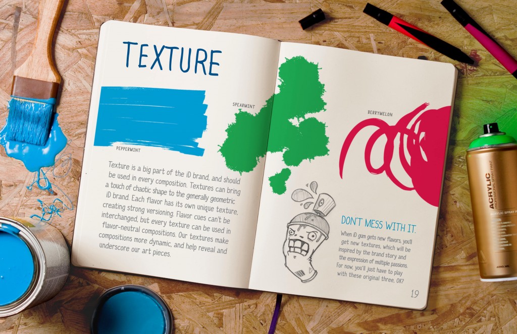 The brand guidelines for iD gum were presented as an artist’s idea book, consistent with the brand theme.